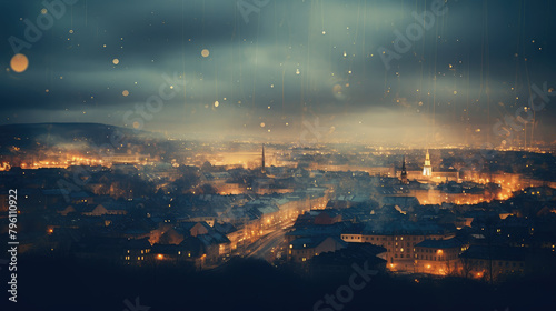 Twilight Rainfall over Luminescent City Lights