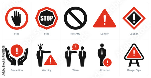 A set of 10 hazard danger icons as stop, no entry, danger
