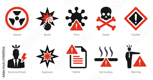 A set of 10 hazard danger icons as hazard, bomb, virus, death