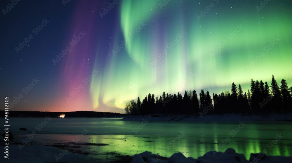 Enchanting Northern Lights Over Serene Winter Lake
