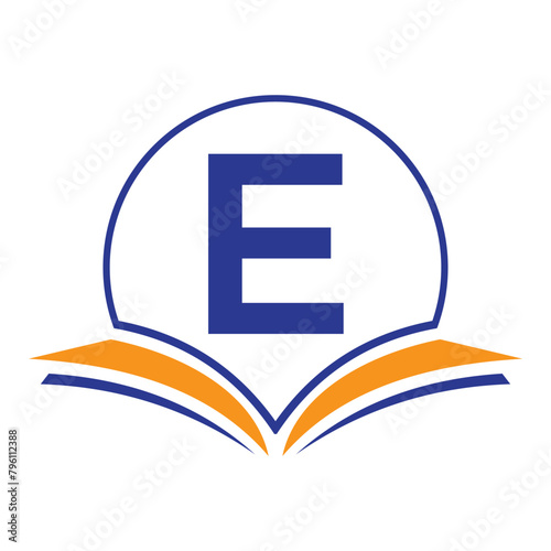 Monogram Education Logo On Letter E Concept With Open Book Icon