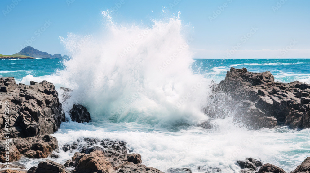 waves crashing on rocks.