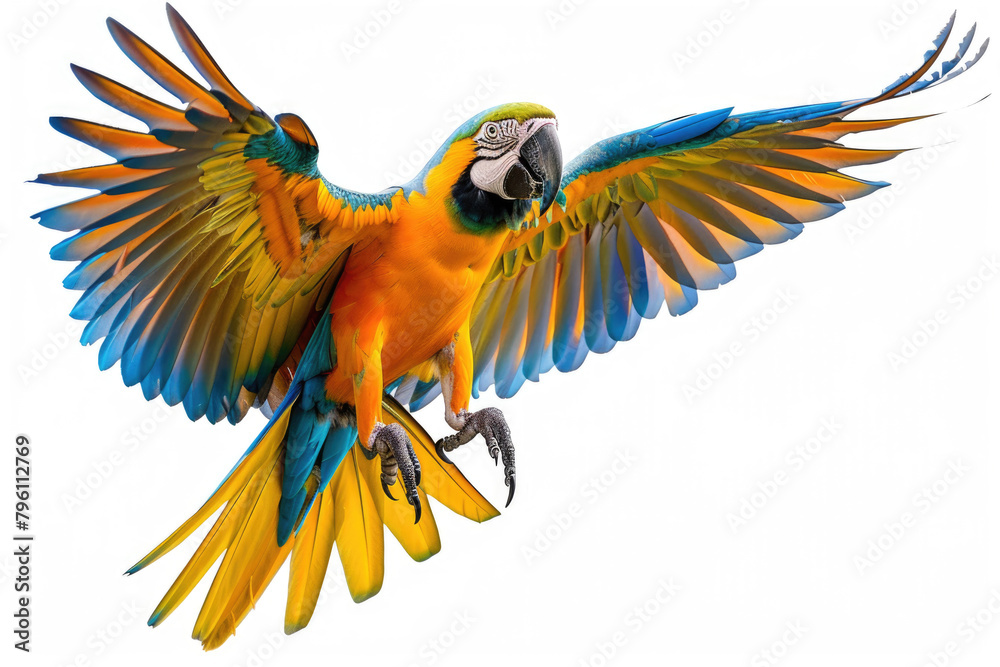 A parrot in flight, isolated on a white background