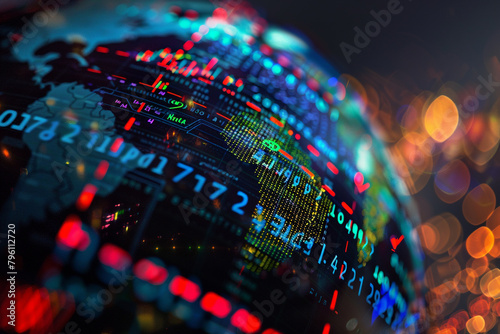 Macro shot of a globe with stock market tickers superimposed, indicating global financial trends photo