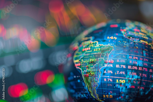 Macro shot of a globe with stock market tickers superimposed, indicating global financial trends photo