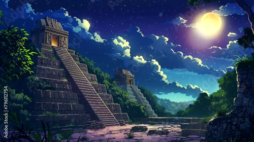 Mystical mayan temples at night. Ancient concept, anime illustration style, looping 4k video animation background photo
