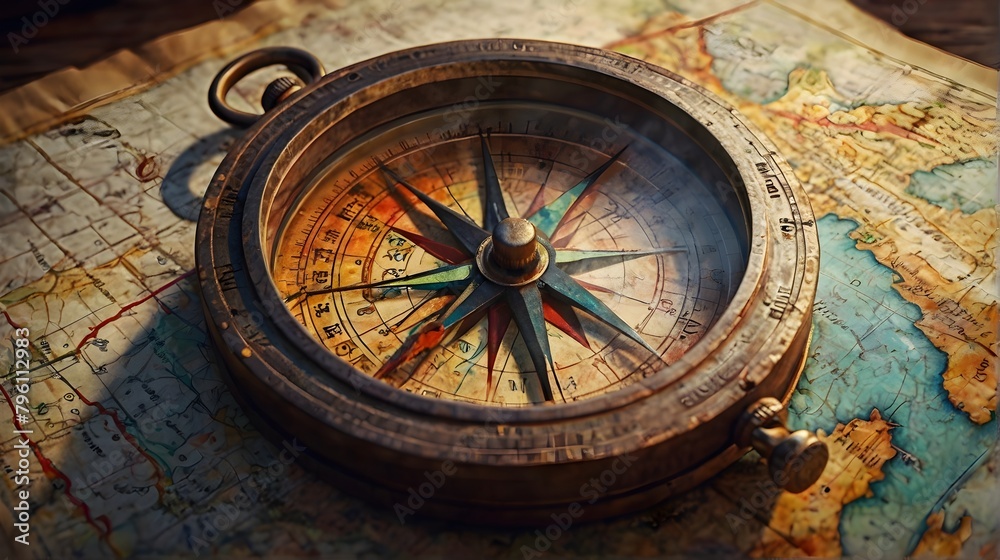 Fototapeta premium Vintage compass on old map : old compass on old map