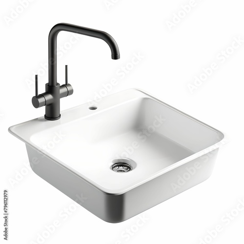 3d Lander, white sink image with long faucet. Cut out, isolated on transparent background.