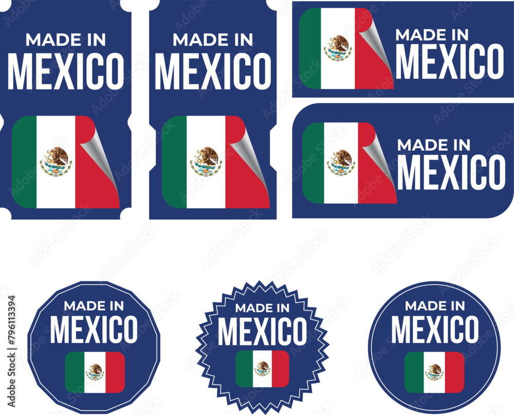 Fototapeta premium Made in Mexico, vector logos with Mexican flag painted circles and stripe
