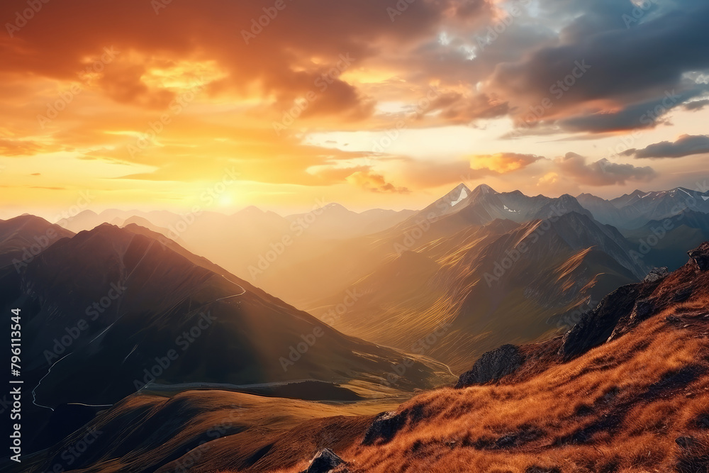 Majestic Mountain Sunset with Golden Hues and Peaks