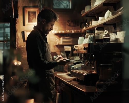 barista expertly handles a vintage coffee machine  early morning vibe with soft light