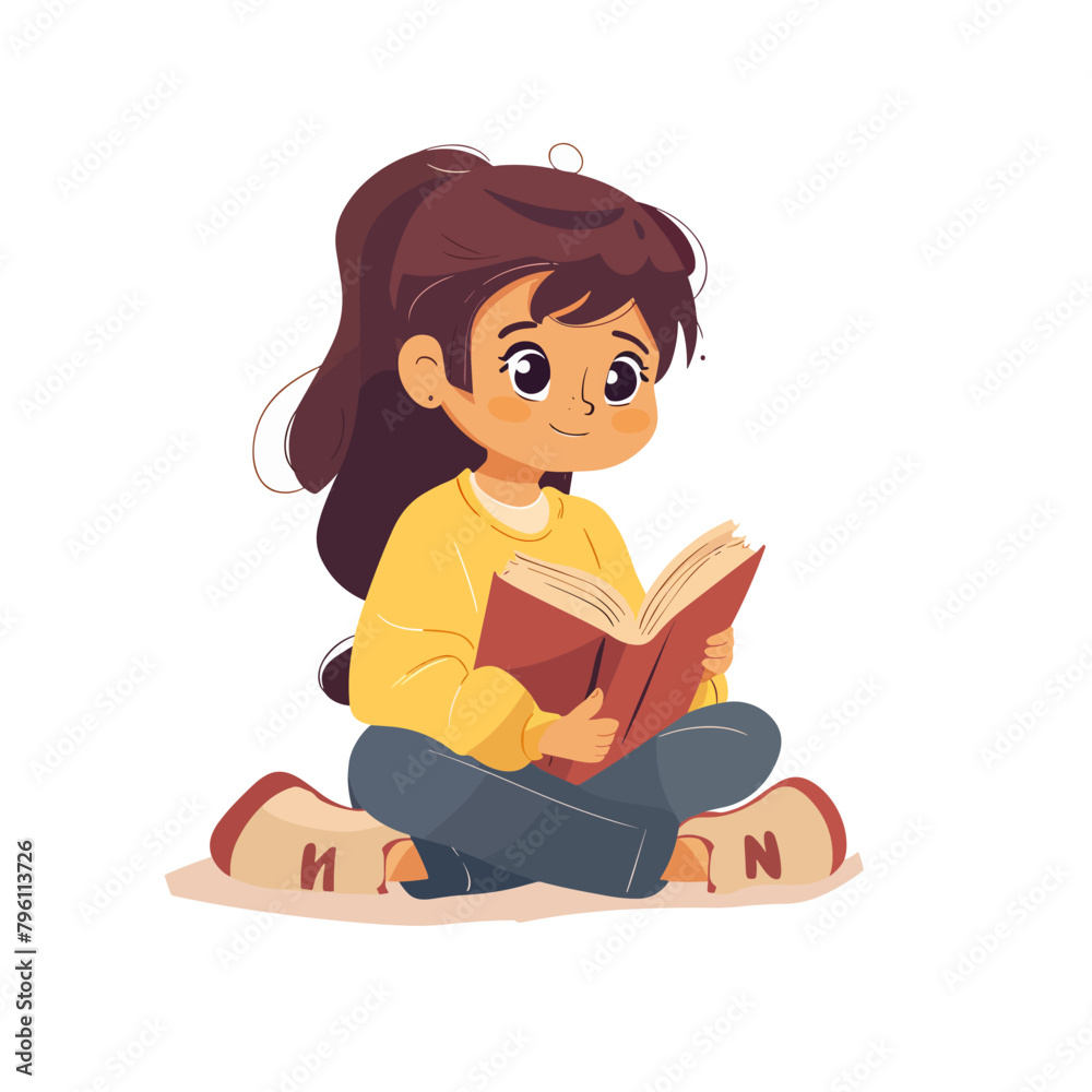 Cute little girl sitting on the floor and reading a book. Vector illustration Cute little girl sitting on the floor and reading a book. Vector illustration
