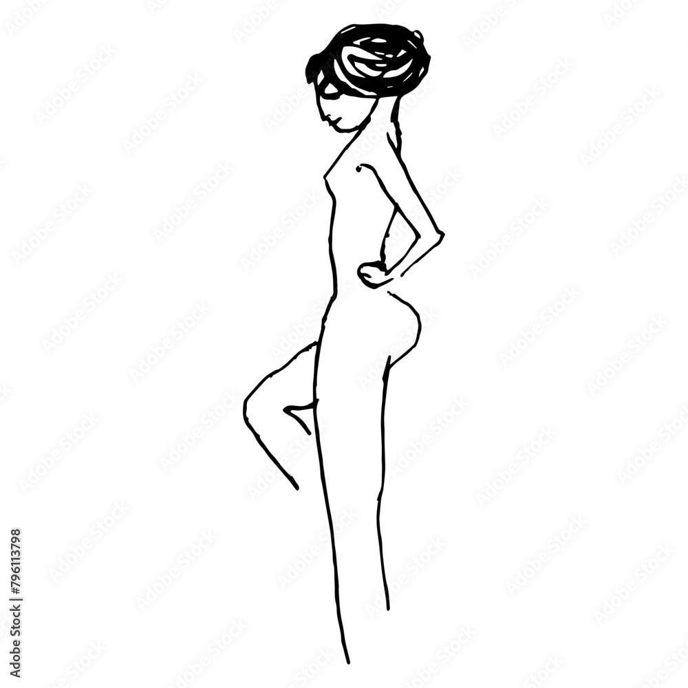 Standing nude girl. Hand drawn linear doodle rough sketch. Black and white silhouette. Standing nude girl. Hand drawn linear doodle rough sketch. Black and white silhouette.