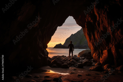 Solitary Explorer in Majestic Seaside Cave at Sunset