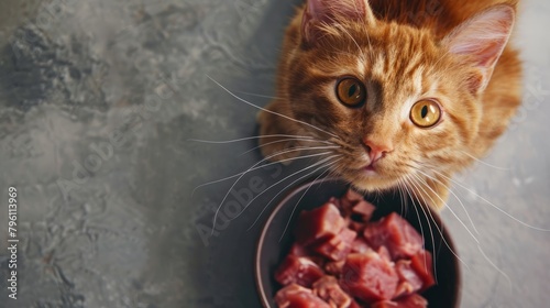 A ginger cat sits on a gray floor near a bowl of meat, Concept for raw food diet. space for text