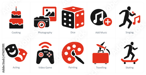 A set of 10 hobby icons as cooking, photography, dice