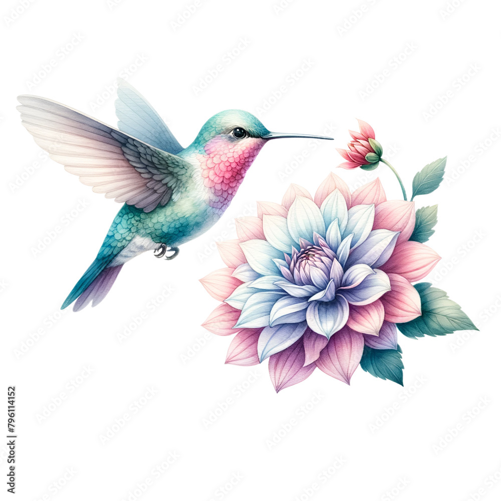 Fototapeta premium Hummingbird Feeding on Large Pink Dahlia Illustration 