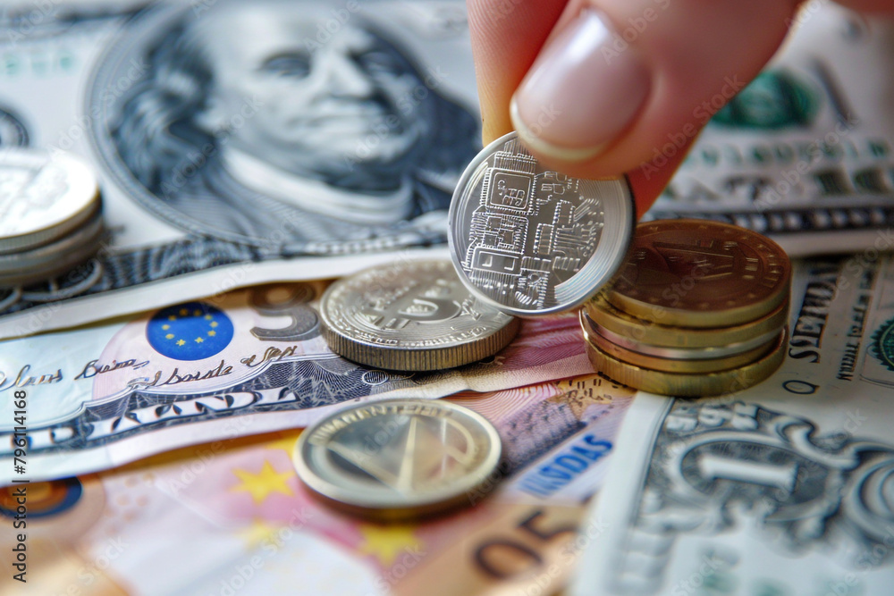 Macro shot of a hand placing a Euro coin on a stack, with US dollars, British pounds, and Japanese yen in the background Macro shot of a hand placing a Euro coin on a stack, with US dollars, British pounds, and Japanese yen in the background