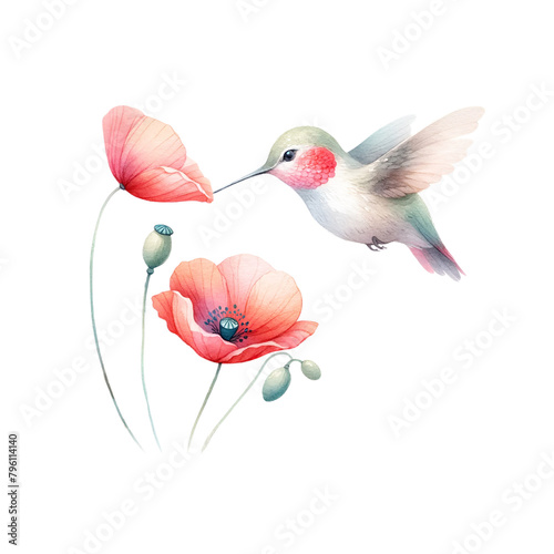 Hummingbird Extracting Nectar from Poppy Flower