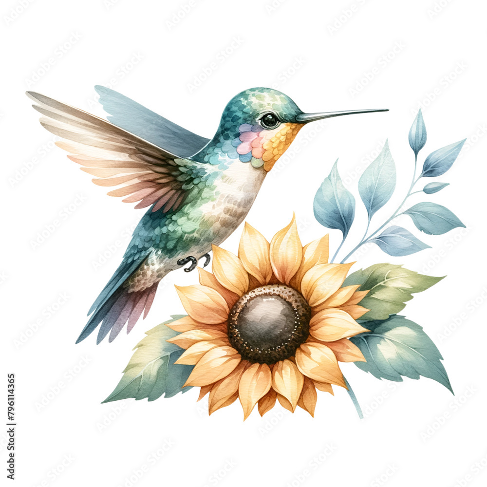 Obraz premium Hummingbird Pollinating Bright Sunflower Illustration 