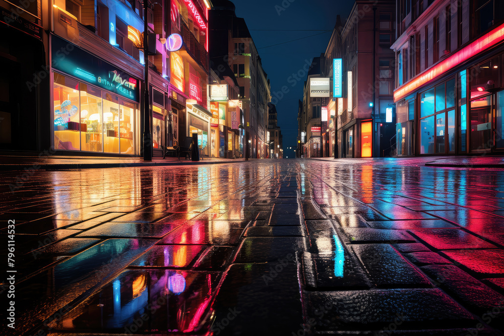 Vibrant Nightlife on Wet Urban Street with Neon Reflections