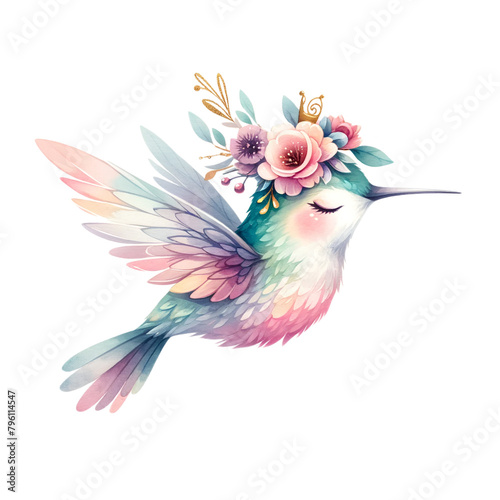 Enchanted Hummingbird with Blooming Floral Crown 