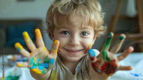 Afunny child boy shows hands dirty with paint