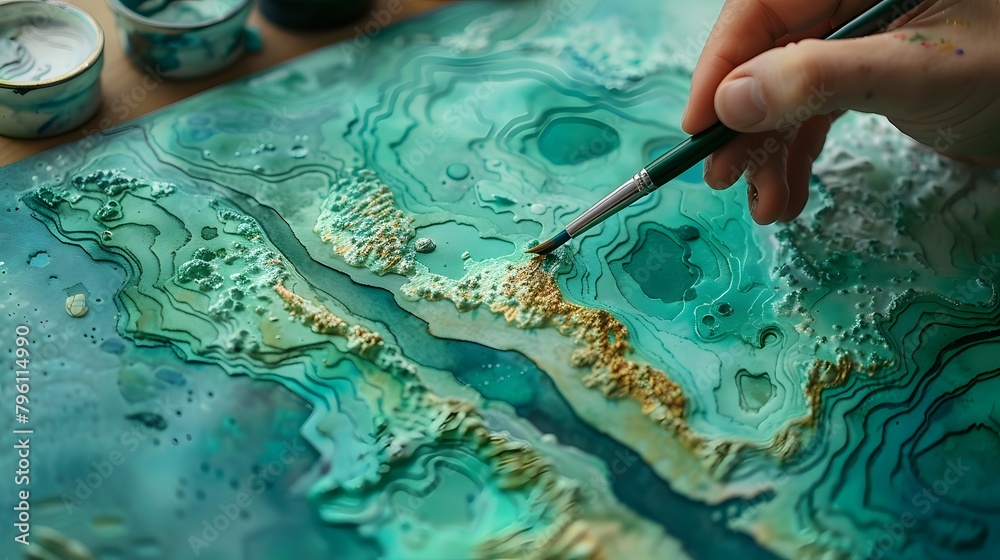 Obraz premium A hand with a brush creates an abstract blue seascape with a touch of green