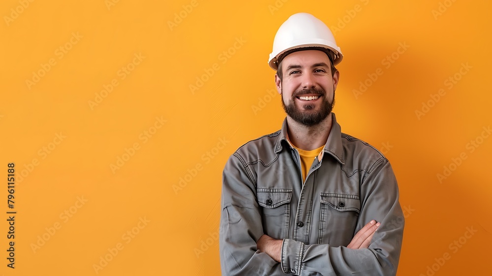 Front view, a young construction worker, wearing a white safety helmet, with crossed arms, smiling at the camera. The background is bright orange.
Front view, a young construction worker, wearing a white safety helmet, with crossed arms, smiling at the camera. The background is bright orange.