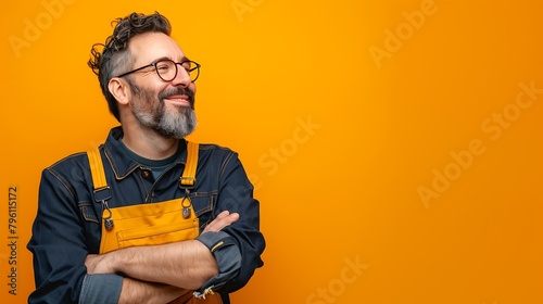 
A middle-aged man with a beard, wearing glasses, a blue denim shirt, and yellow overalls, stands with his arms crossed, smiling confidently, looking sideways. The background is bright yellow.