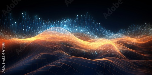 Abstract blue and yellow waves on dark background and bokeh lights