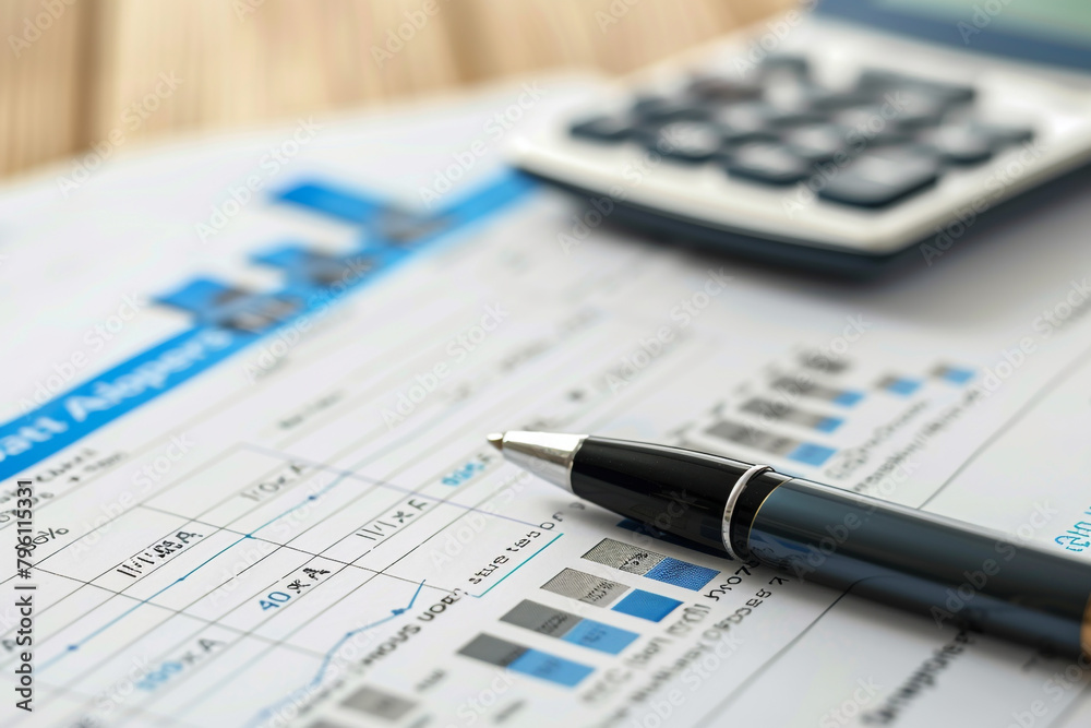 Macro shot of a mortgage application form with a pen, calculator, and financial charts Macro shot of a mortgage application form with a pen, calculator, and financial charts