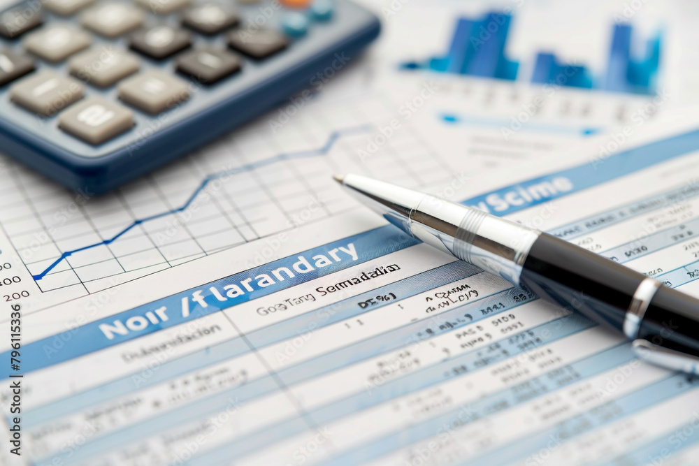 Macro shot of a mortgage application form with a pen, calculator, and financial charts Macro shot of a mortgage application form with a pen, calculator, and financial charts