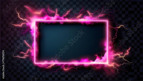 A glowing neon pink frame on a transparent background with lightning bolts and smoke inside