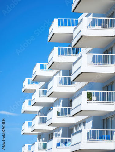 Modern Apartment Balconies Against Clear Blue Sky