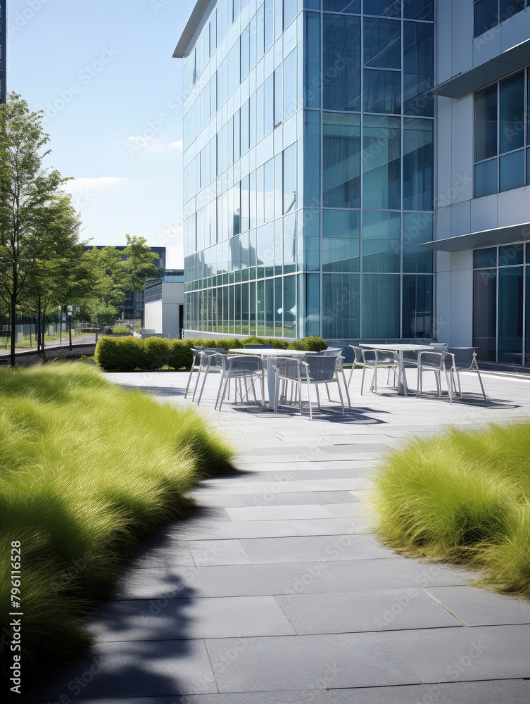 Modern Office Building Exterior with Outdoor Seating