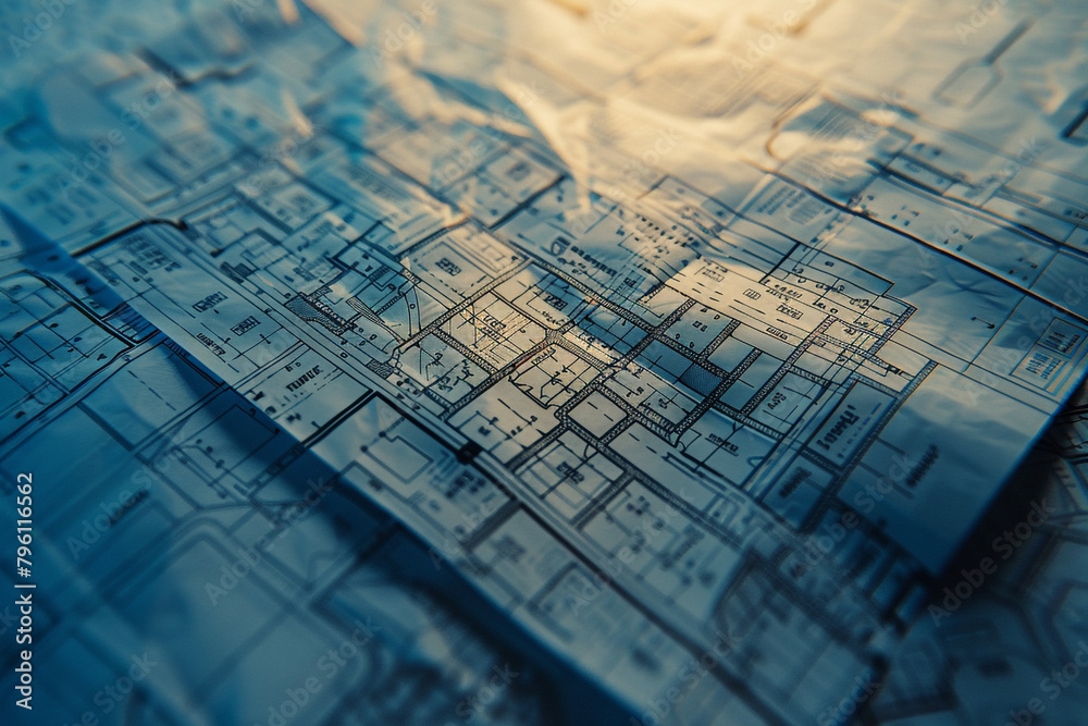 Macro shot of construction blueprints for a new urban development, symbolizing economic expansion Macro shot of construction blueprints for a new urban development, symbolizing economic expansion