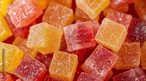 Gummy cubes, red and yellow gummies background, closeup, candy texture.