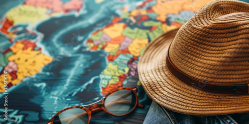 A hat and a pair of glasses are on a map of the world