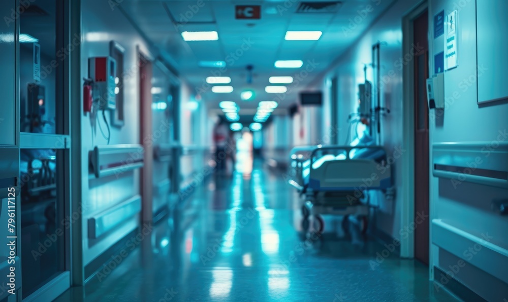 An empty hospital hall and blurry hospital corridor invoking urgency An empty hospital hall and blurry hospital corridor invoking urgency