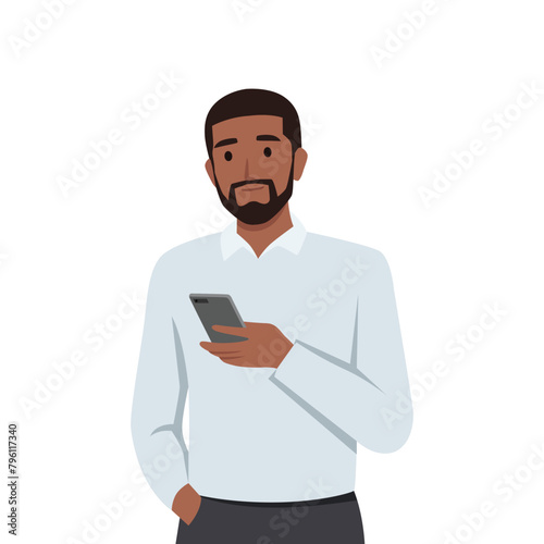 Young black man using mobile phone. Flat vector illustration isolated on white background
