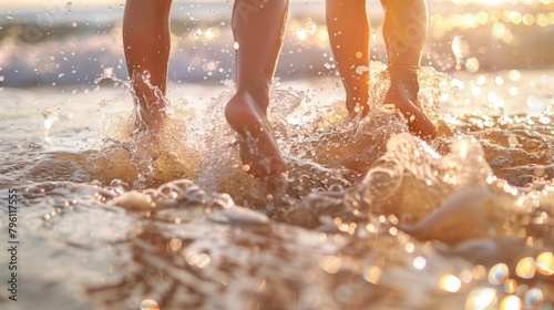 Children s bare feet splashing in shallow sea under bright sun with strong water splashes