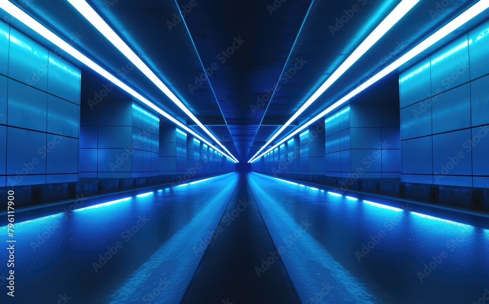 Futuristic Blue Tunnel with Neon Lights