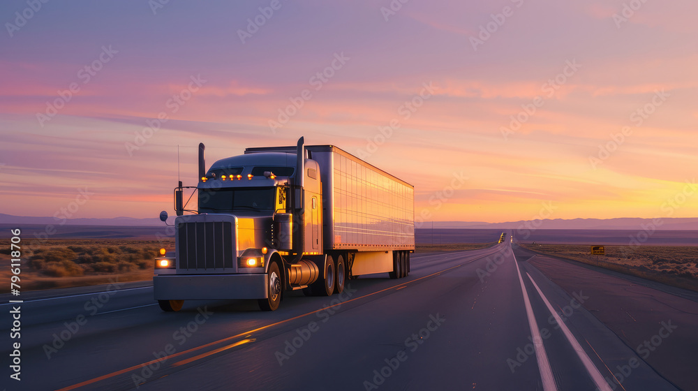 Semi Truck Driving on Highway during Sunset