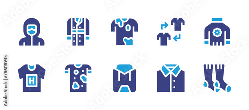 Clothing icon set. Duotone color. Vector illustration. Containing tshirt, shirt, arrows, holi, ppe, turtleneck, hoodie, trench coat, socks.