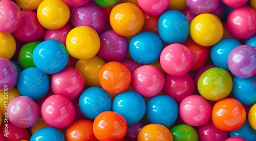 Colorful gumball background with closeup of colorful round candies. Background texture for candy shop, game or party concept.