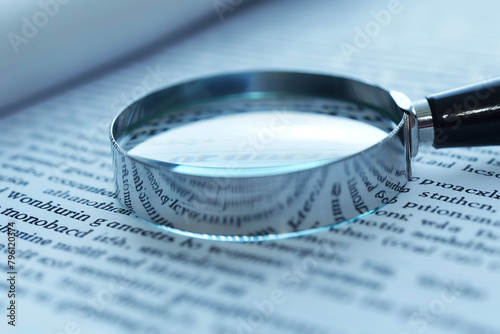 magnifying glass focusing on the fine print of a business contract photo