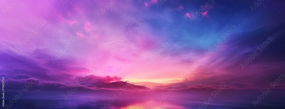 Majestic Purple Sunset Over Serene Mountain Lake