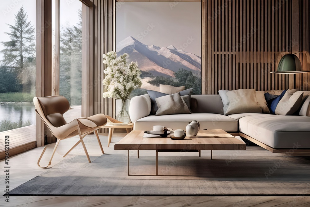 Fototapeta premium Living room with a large window a couch with pillows and a coffee table, luxury interior design, 3D Render, High Quality Photography