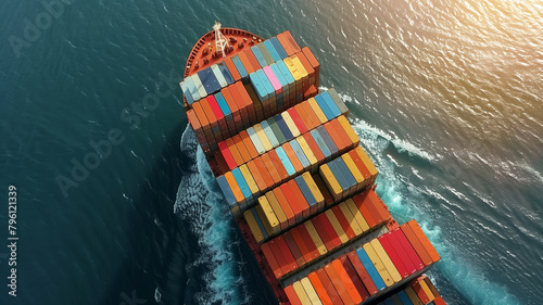 A container ship loaded with manufactured goods ready for international trade © praewpailyn